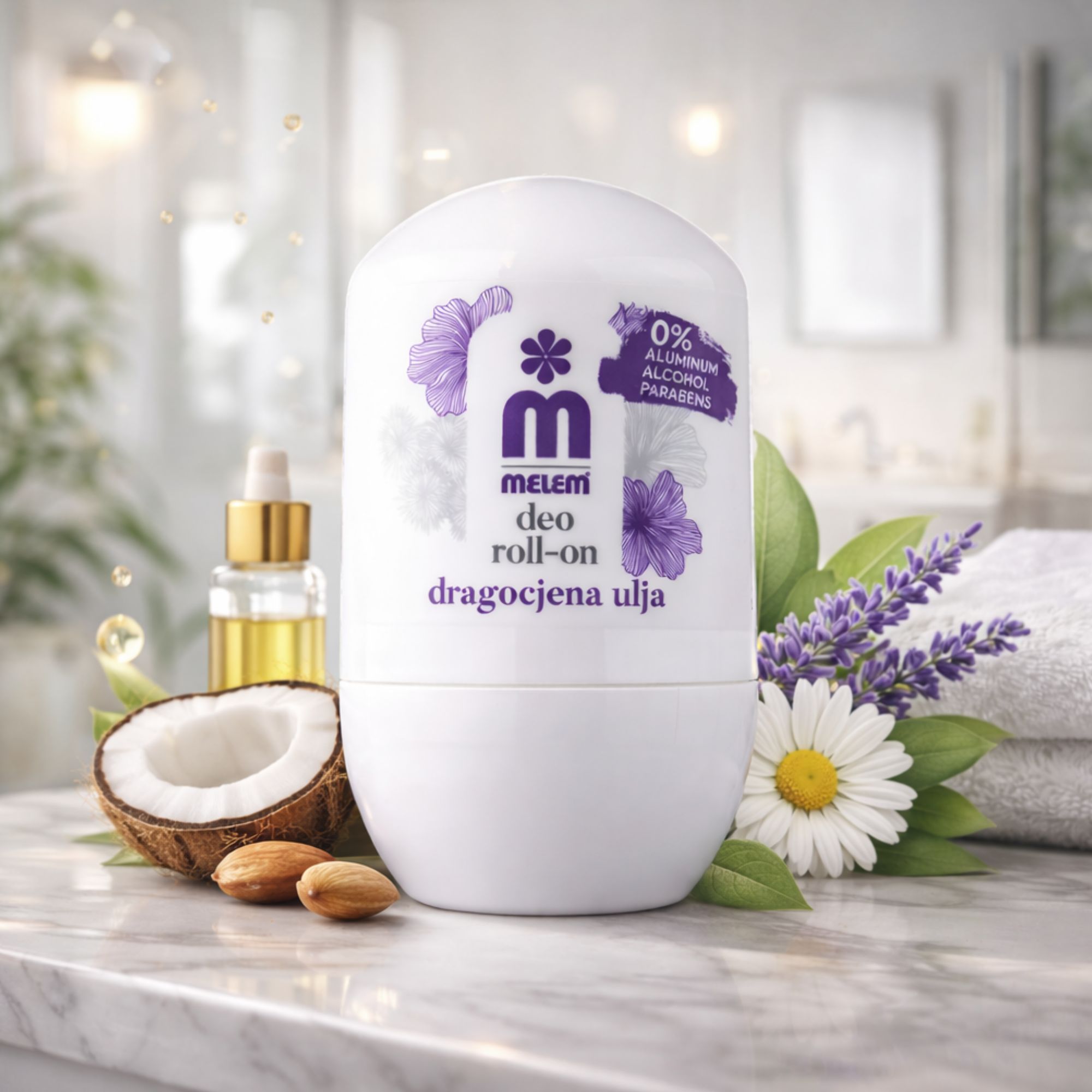 Roll-on bianco con fiori viola e scritta. Cocco, mandorle, lavanda e bottiglia d'olio accanto. Scritta: Melem Deo Roll-On.