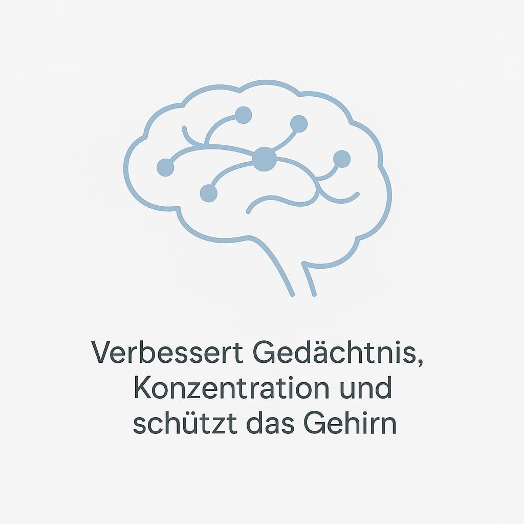 Rappresentazione grafica di un cervello. Testo: Migliora la memoria, la concentrazione e protegge il cervello.