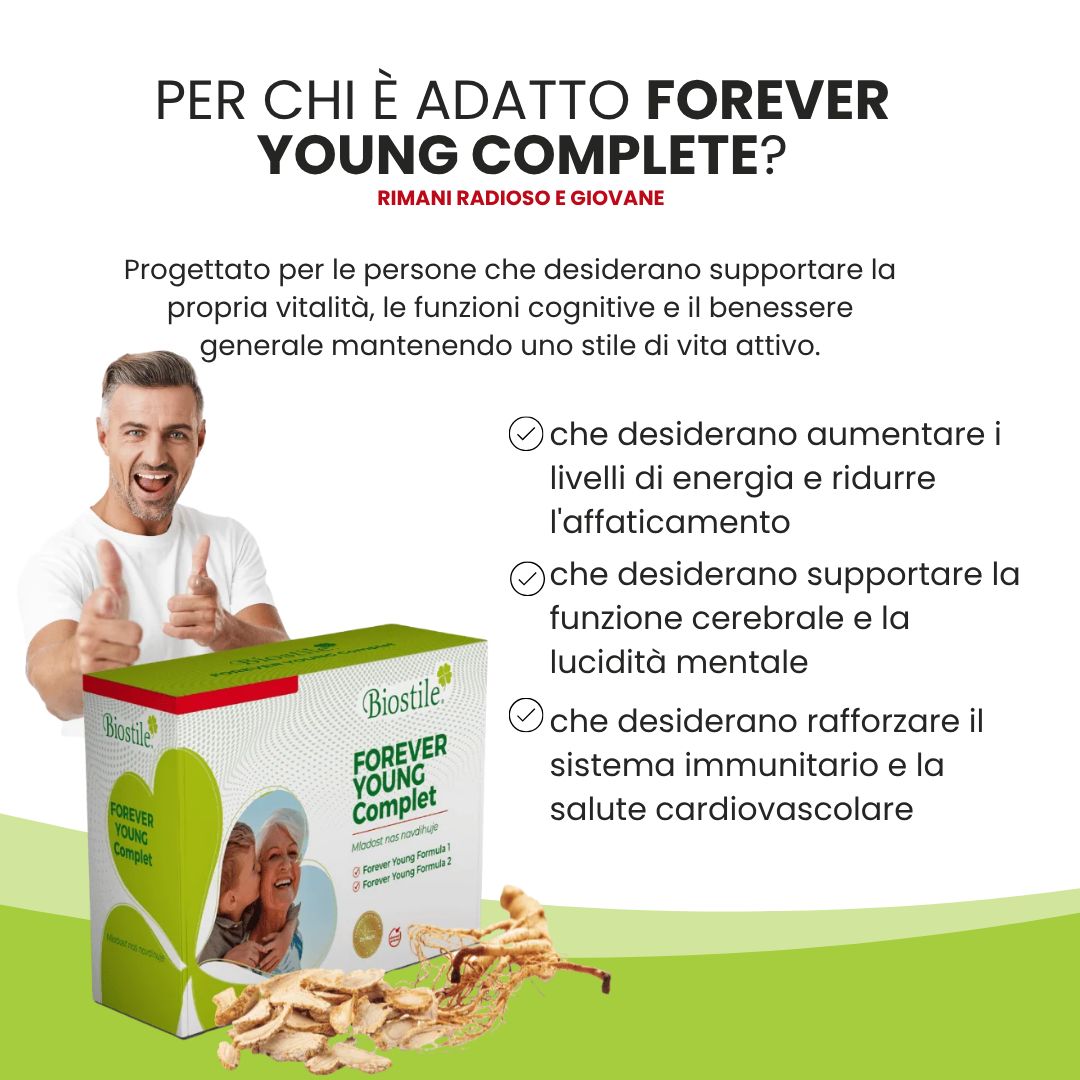 Uomo che mostra il pollice in su accanto a Biostile Forever Young Komplett. Testo: Per chi è adatto Forever Young Complete?