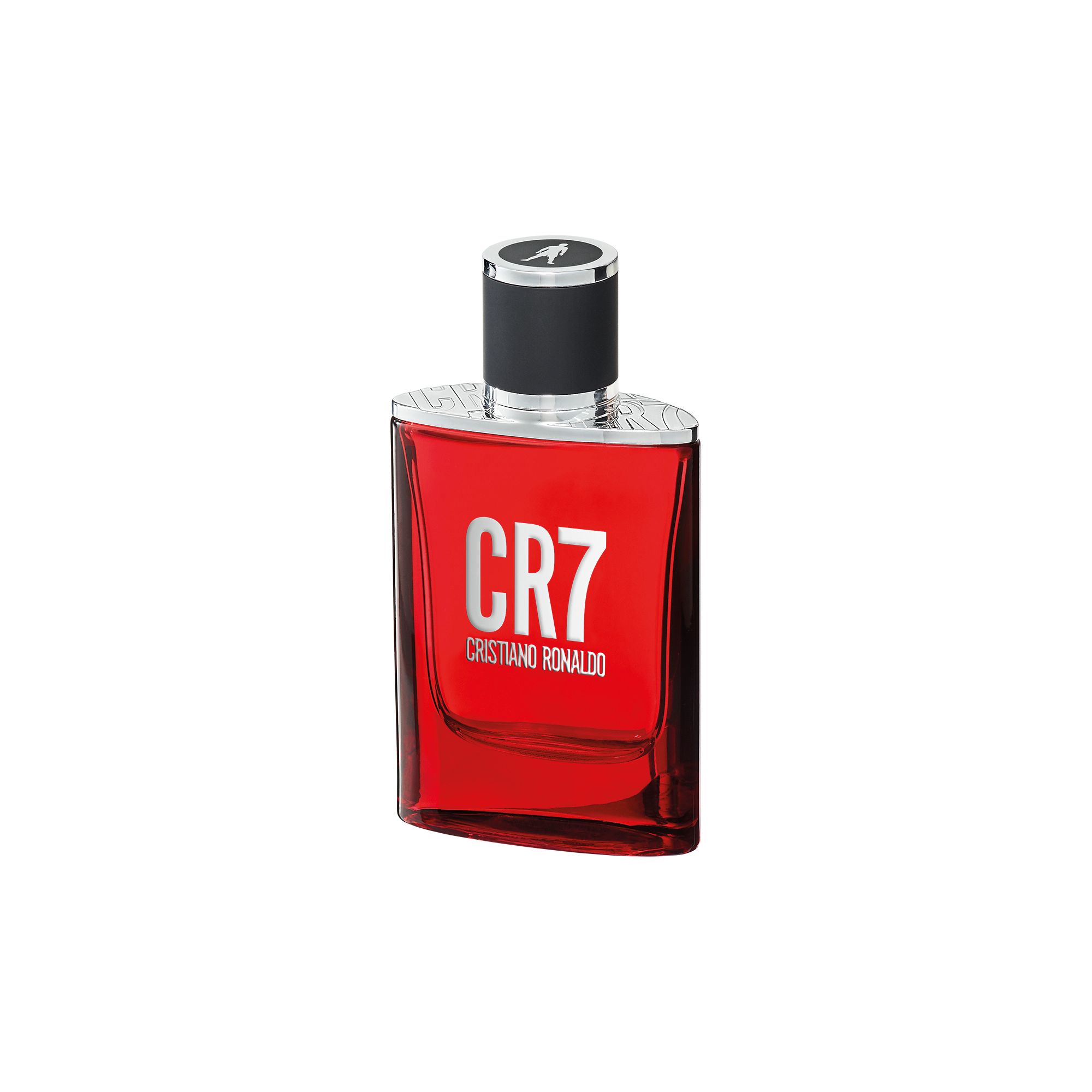 Flacone di profumo CR7 rosso con tappo nero. Testo nero su sfondo rosso. Forma quadrata.