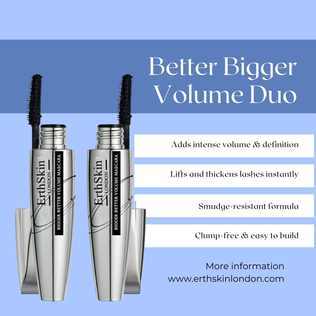 Due tubi di mascara ErthSkin London con spazzole. Tubi argentati con testo nero. Testo: Bigger Better Volume Duo.