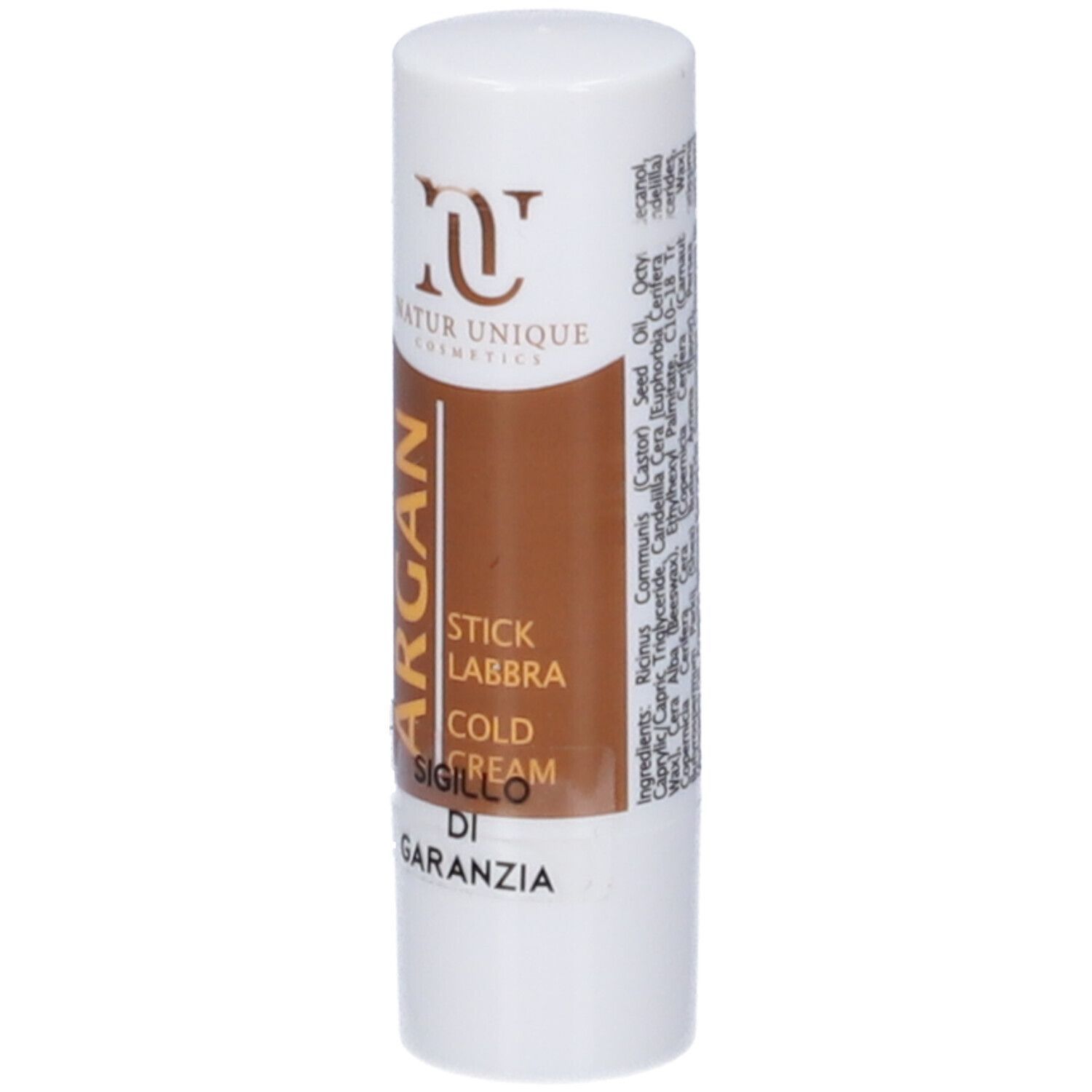Stick labbra bianco con parte centrale marrone. Scritta: Argan, Stick Labbra, Cold Cream, Natur Unique. Logo dorato.