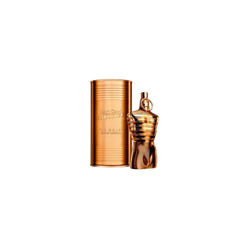 Flacone dorato a forma di torso e scatola cilindrica. Scritta: Jean Paul Gaultier, Le Male Elixir Absolu.