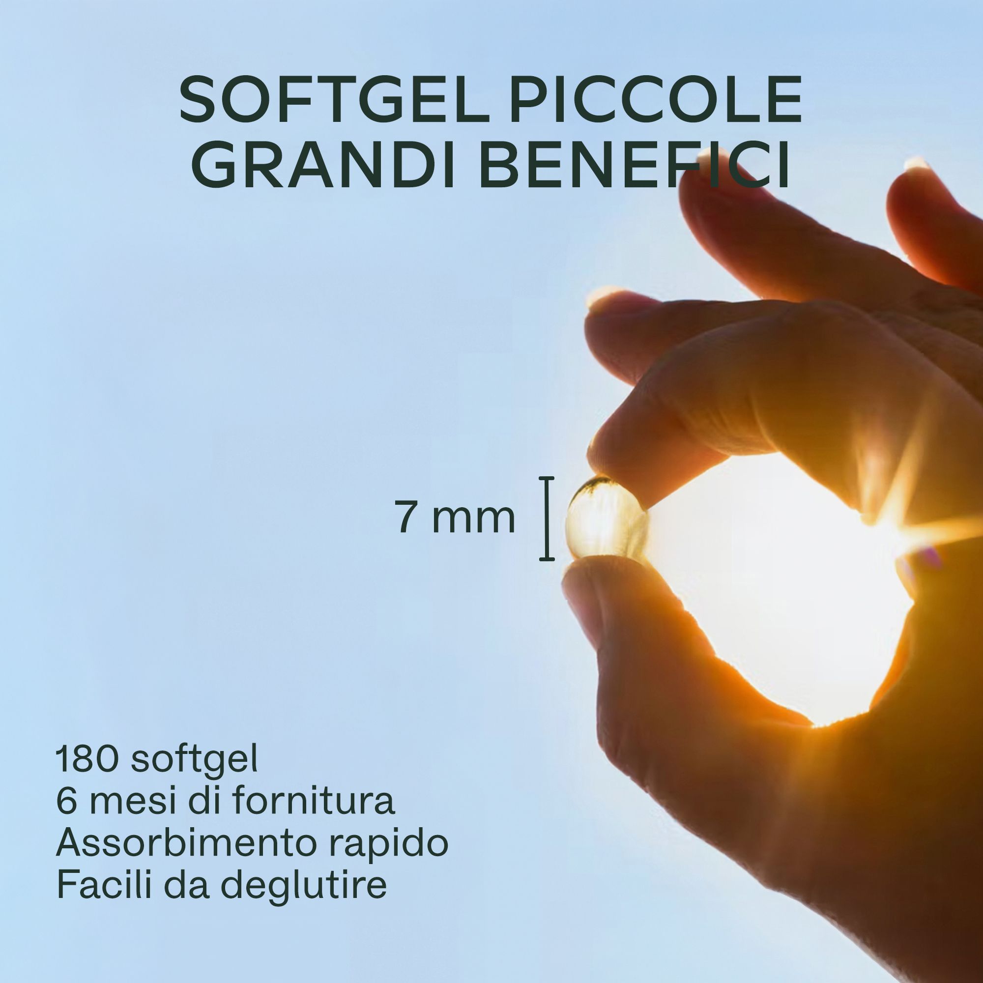 Flacone con capsule e testo. Scritta: Parliamo la tua lingua e anche le nostre etichette.
