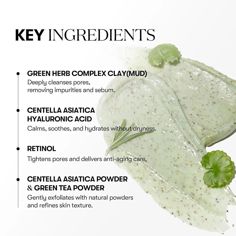 Testo con ingredienti chiave: Green Herb Complex Clay, Centella Asiatica, Acido Ialuronico, Retinolo, Centella Asiatica & Polvere di tè verde.