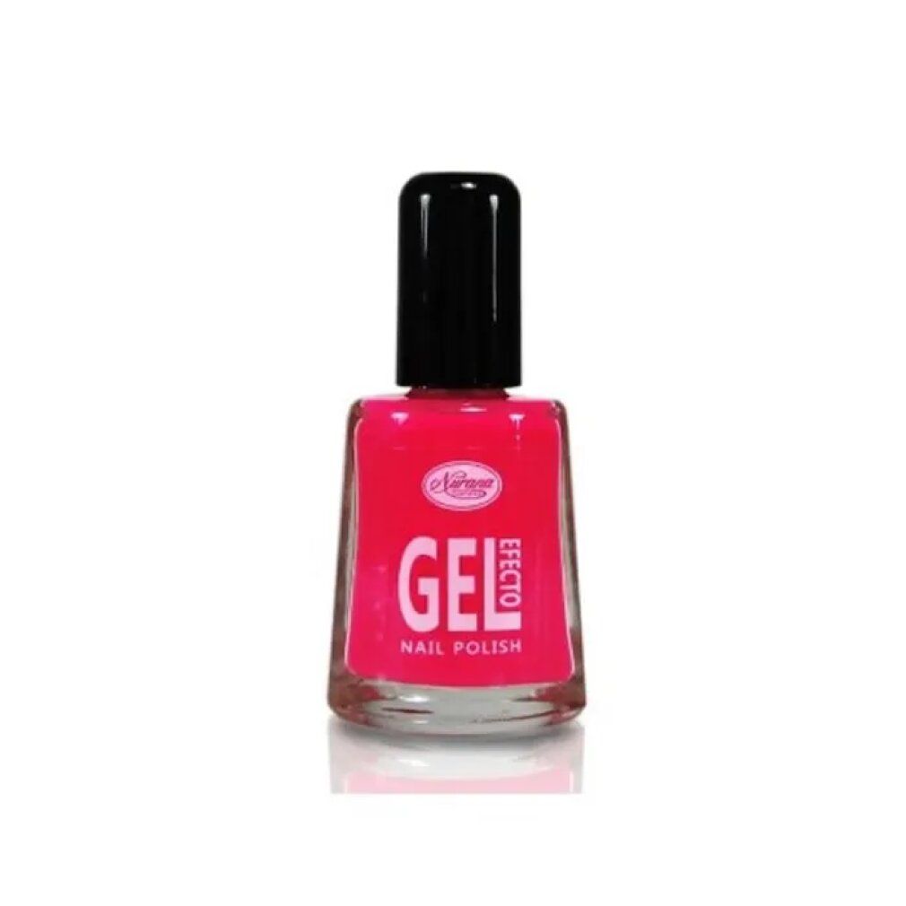 Flacone di smalto con tappo nero. Scritta "GEL EFFECTO NAIL POLISH". Colore rosa. Marchio Nurana.