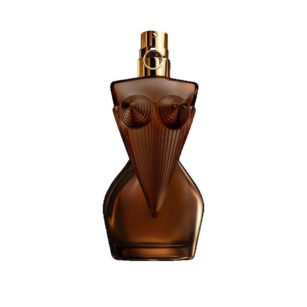 Flacone di profumo a forma di corpo femminile, colorato di marrone, con chiusura dorata. Senza confezione.