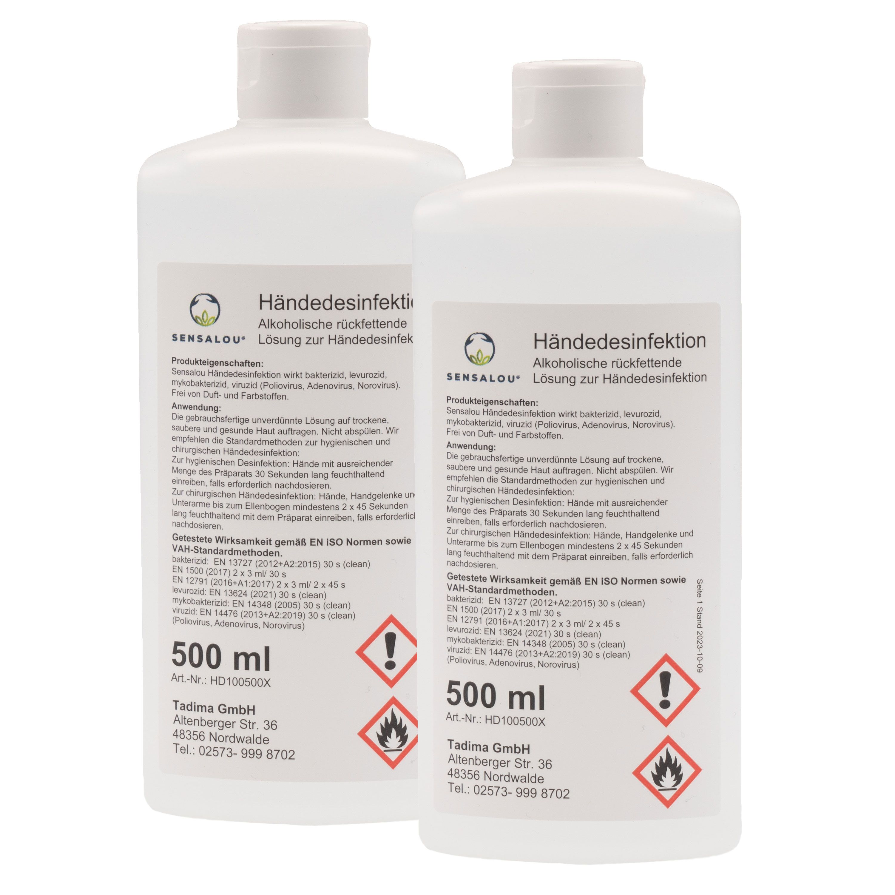 Due flaconi bianchi con etichetta. Testo: Händedesinfektion, 500 ml, simboli di pericolo. Logo: Sensalou.