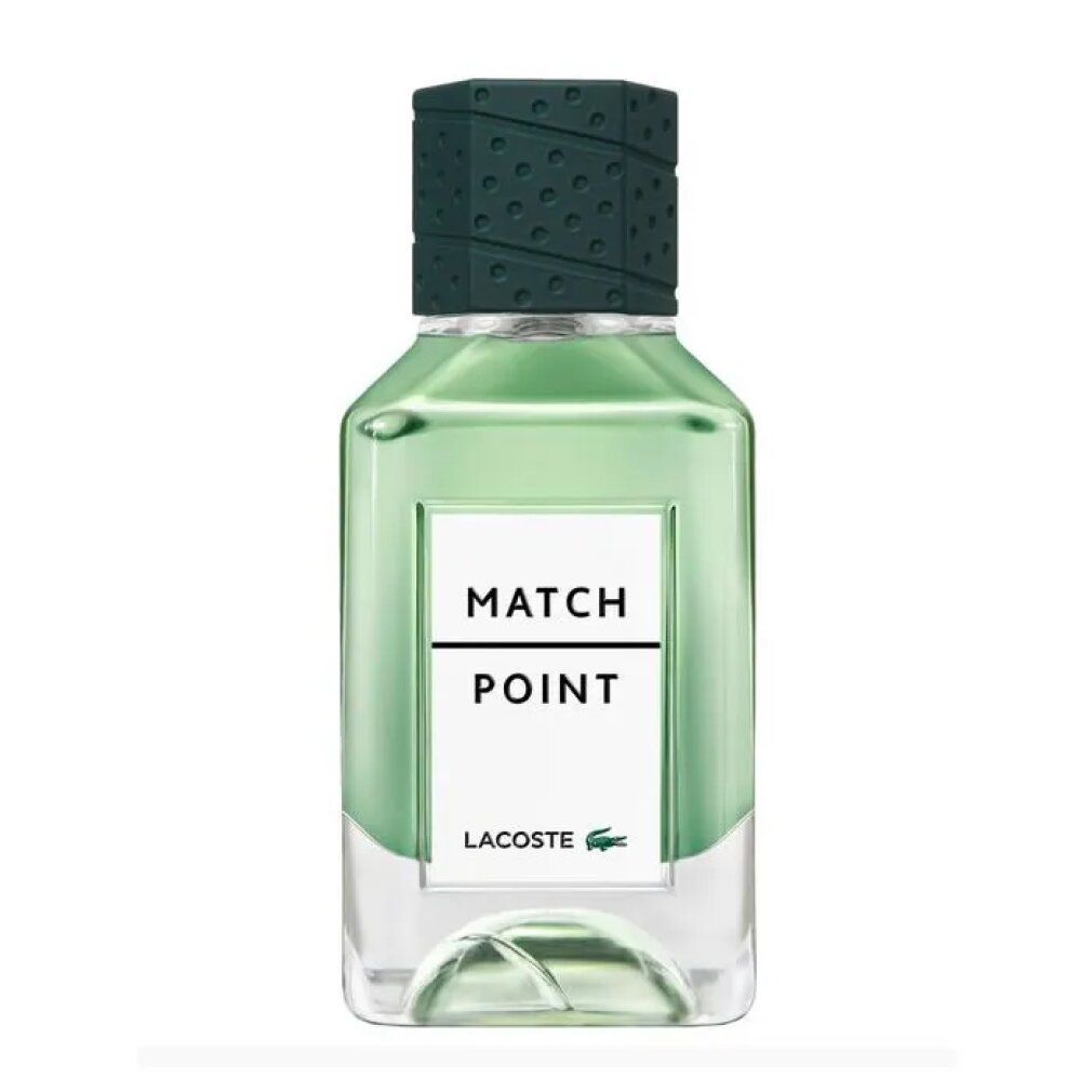Flacone di profumo verde con tappo verde. L'etichetta riporta "MATCH POINT" e "LACOSTE".
