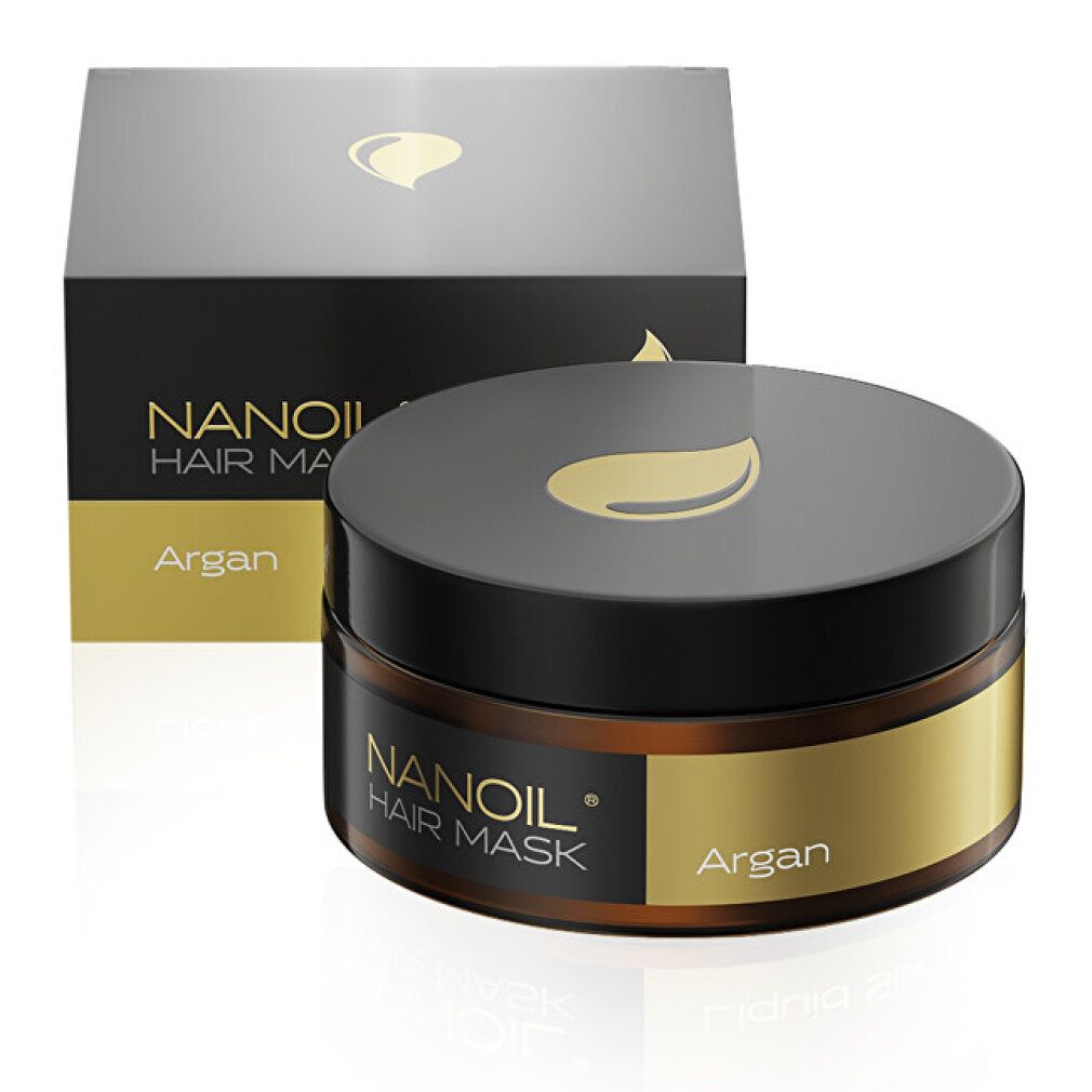 Maschera per capelli Nanoil Argan in un barattolo marrone con coperchio nero e fascia dorata.