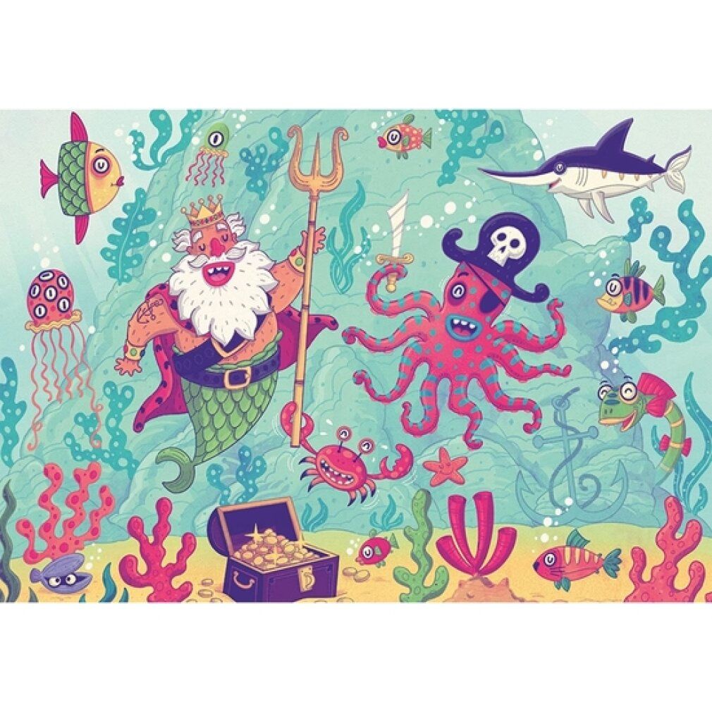 Motivo del puzzle: mondo sottomarino con sirena, polpo, forziere, pesci, cavalluccio marino. Illustrazione colorata.