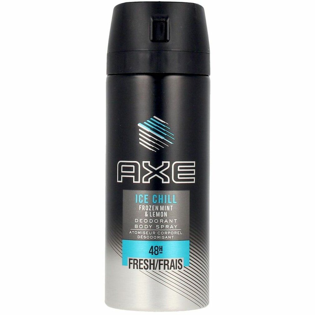Spray deodorante con tappo nero e contenitore argentato. Testo: AXE, Ice Chill, Frozen Mint & Lemon, 48h Fresh/Frais.
