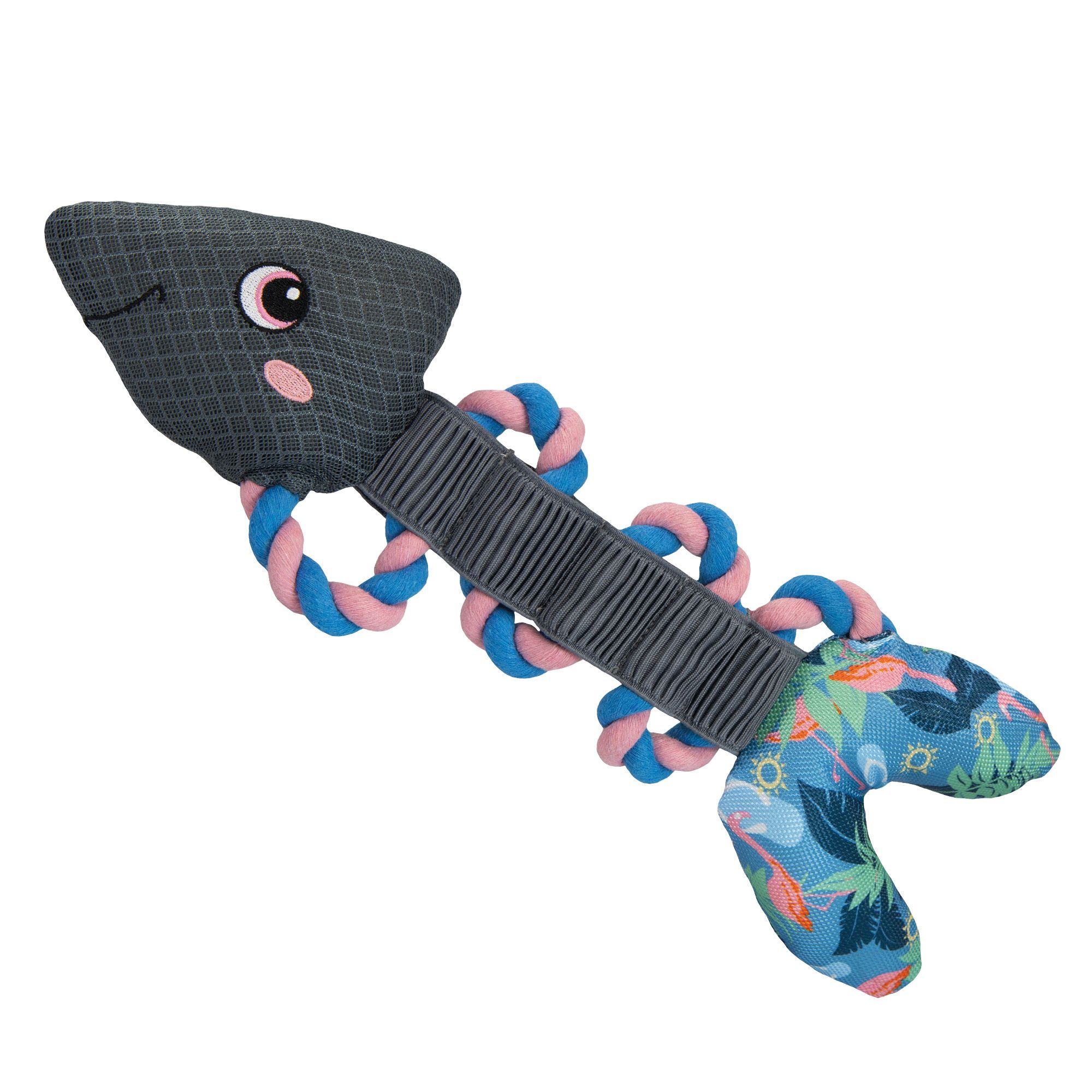 Giocattolo a forma di pesce grigio con corde blu e rosa. La coda presenta un motivo tropicale. Il giocattolo ha un design a forma di pesce.
