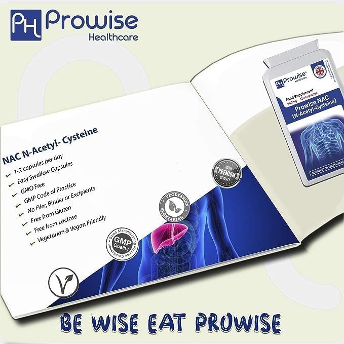 Opuscolo delle capsule Prowise NAC (N-Acetil-Cisteina). Contiene informazioni su vantaggi e certificazioni. Con sigillo di qualità GMP.