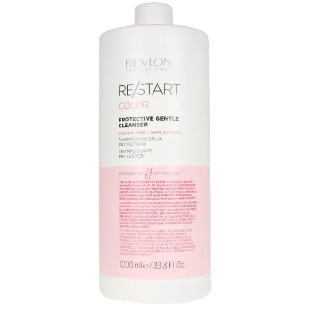 Flacone bianco con etichetta rosa. Testo: RE/START COLOR, Protective Gentle Cleanser. 1000 ml/33.8 fl oz.