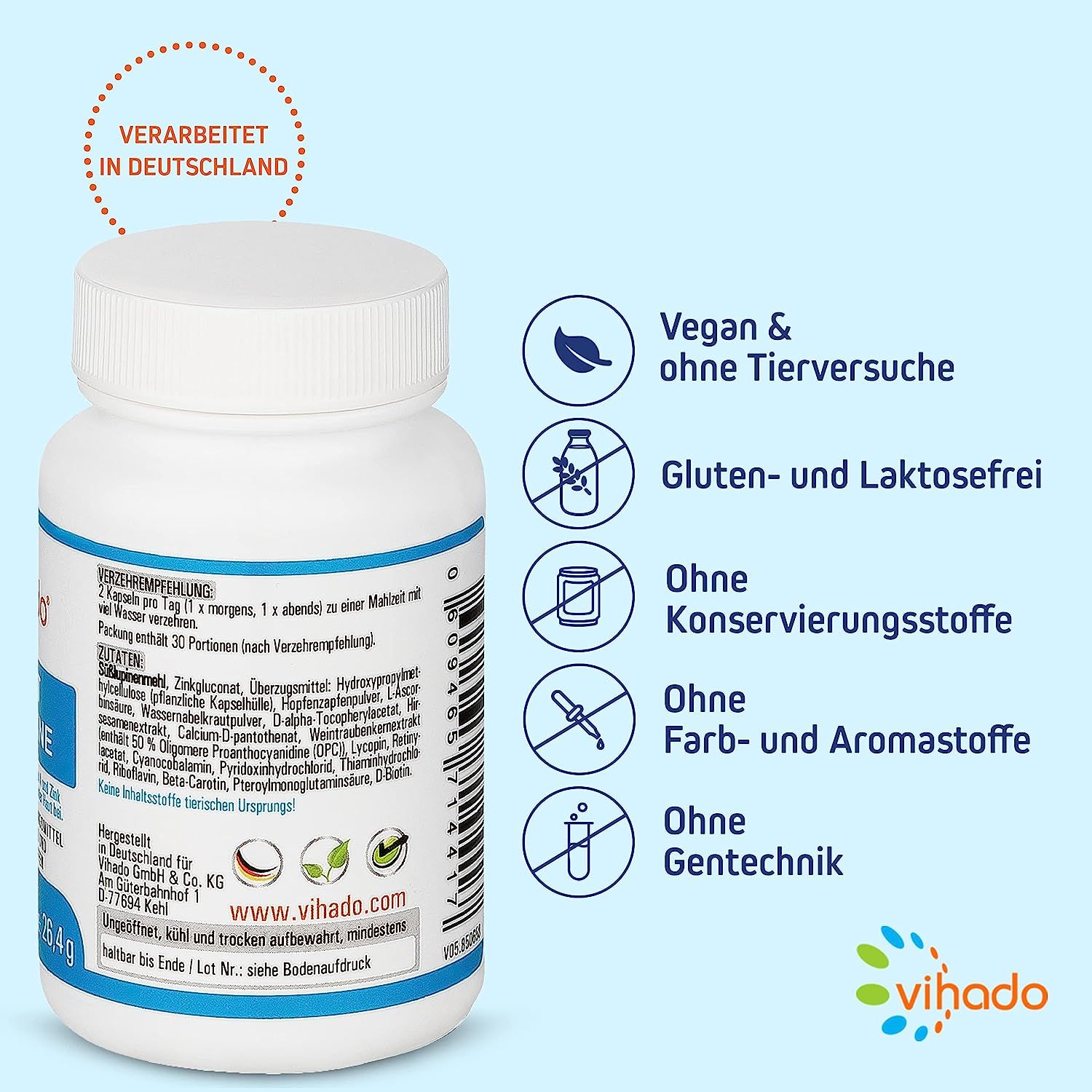 Vihado Skin Vitamins - cura della pelle dall'interno con zinco, biotina e vitamina A