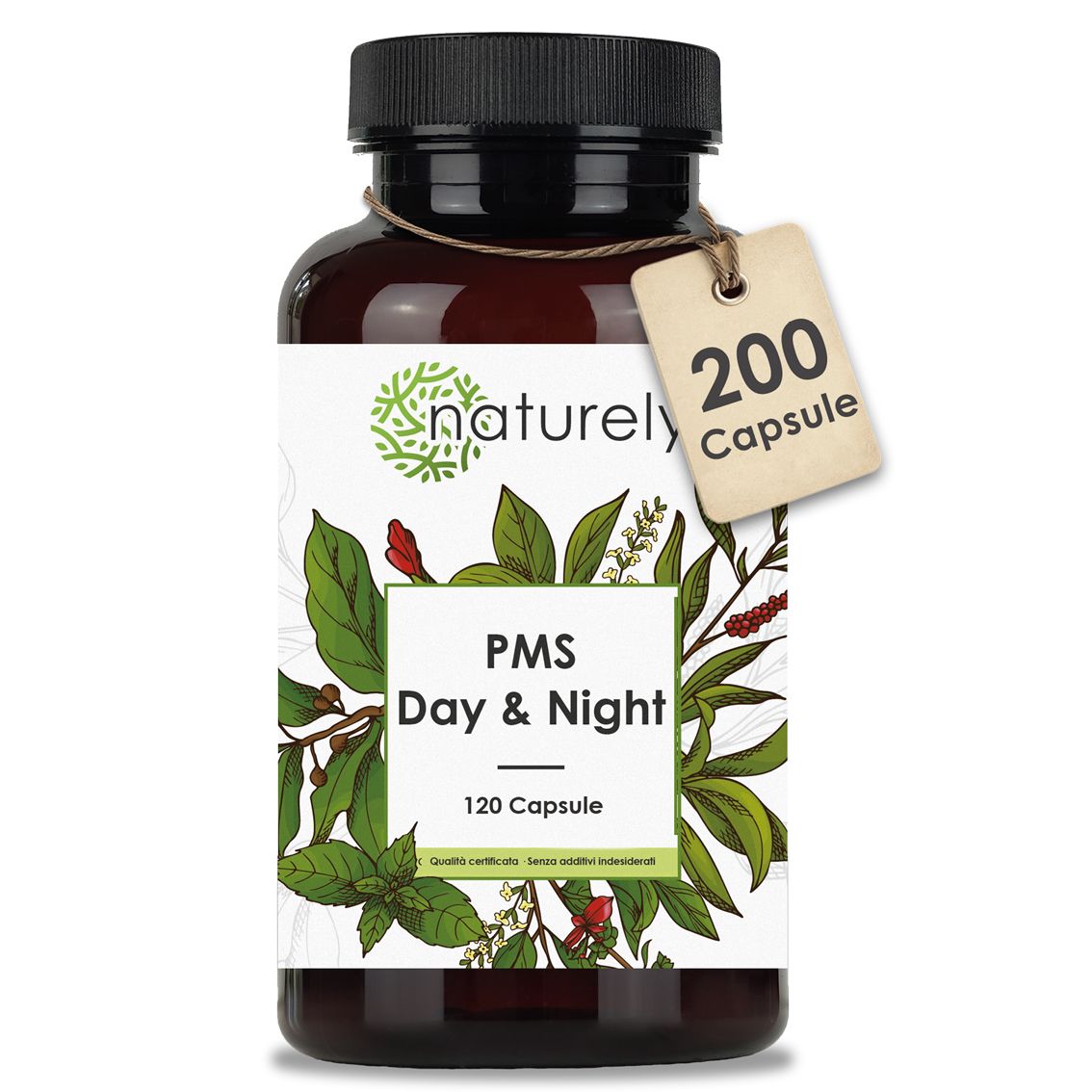 Flacone di capsule marrone con etichetta, motivi vegetali e tag "120 Capsule".