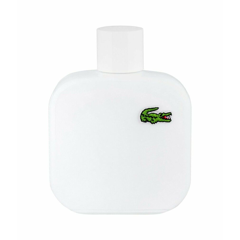 Flacone di profumo bianco con tappo bianco. Forma quadrata con logo coccodrillo verde. Eau de Toilette.
