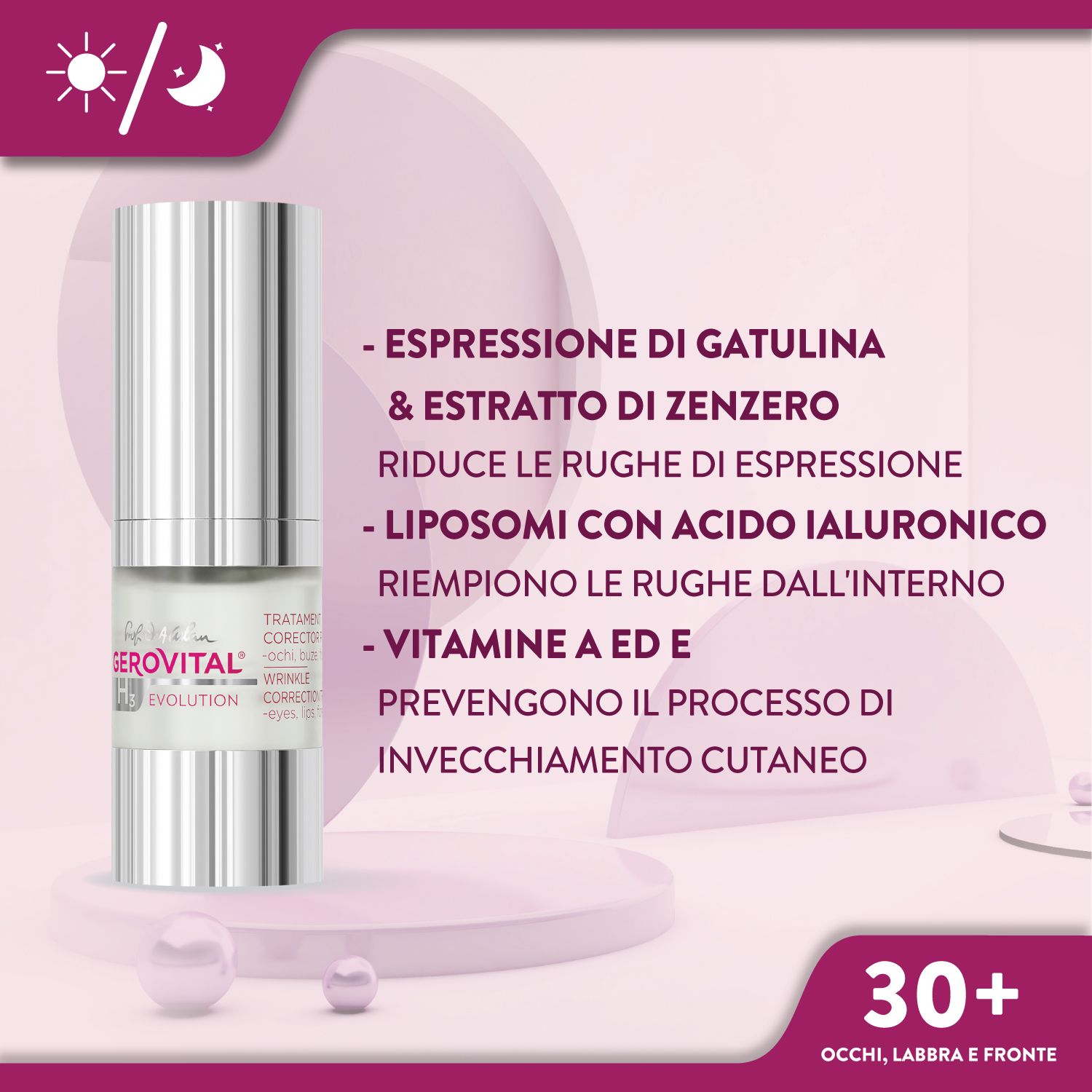Siero Gerovital. H3 Evolution. Testo: 30+ occhi, labbra, fronte. Ingredienti. Sfondo rosa.