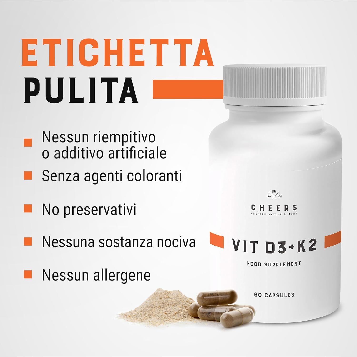 Flacone bianco con capsule. Testo: Nessun riempitivo, coloranti, conservanti, sostanze nocive, allergeni. 60 capsule.