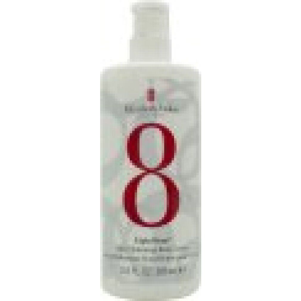 Flacone bianco con dosatore. Grande "8" rosso. Testo: "Elizabeth Arden", "Eight Hour", "Daily Hydrating Body Lotion".