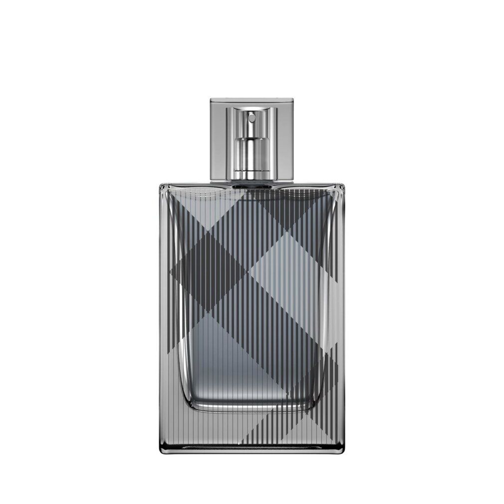 Burberry Brit for Him Eau de Toilette Spray in una bottiglia di vetro rettangolare con motivo a quadri Burberry.