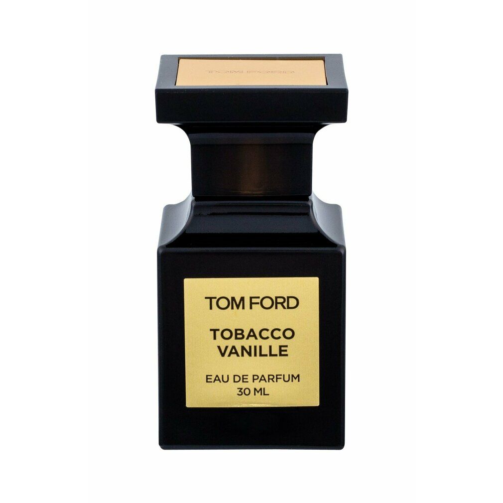 Flacone nero con etichetta dorata. Scritta: TOM FORD, Tobacco Vanille, Eau de Parfum, 30 ml. Tappo nero.