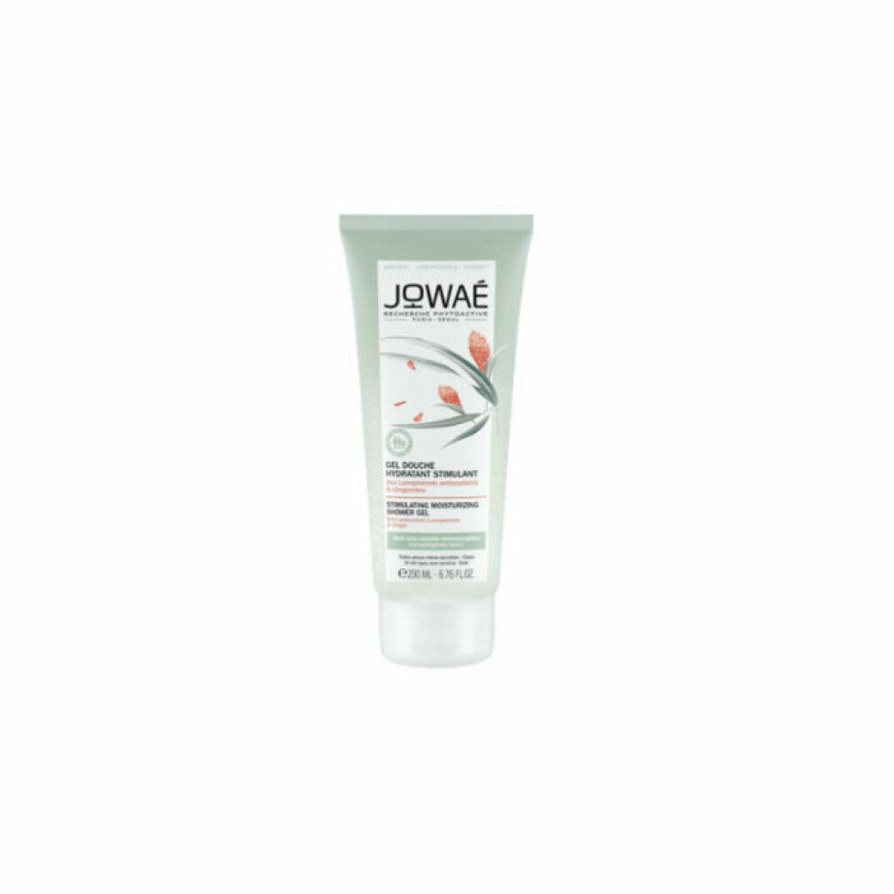 Tubo verde di gel doccia Jowae. Testo: Gel Douche Hydratant Stimulant, Zenzero. 200 ml. Dermatologicamente testato.