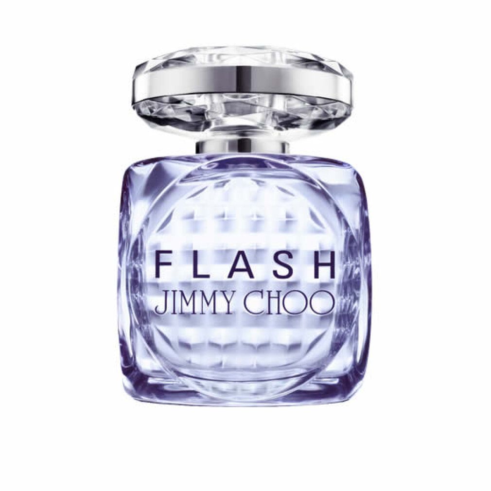 Flacone di profumo con tappo argentato e sfaccettature. Scritta: FLASH JIMMY CHOO. Liquido blu.
