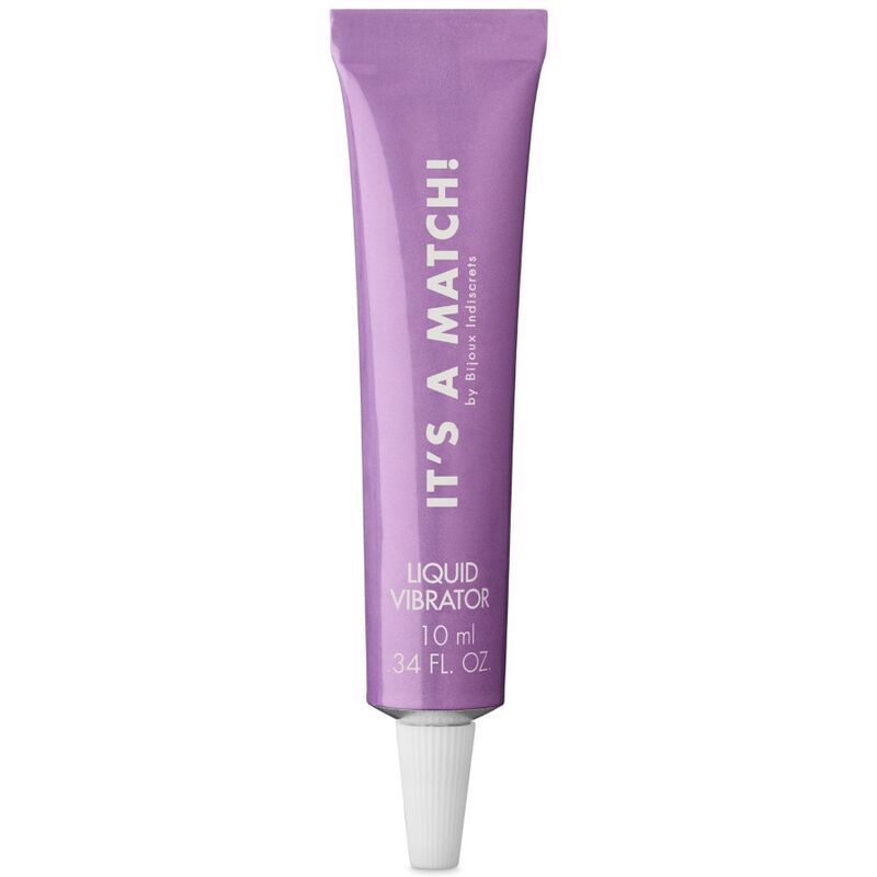 Tubo lilla con punta bianca. Scritta: IT'S A MATCH! Liquid Vibrator, 10 ml, 0.34 FL OZ.