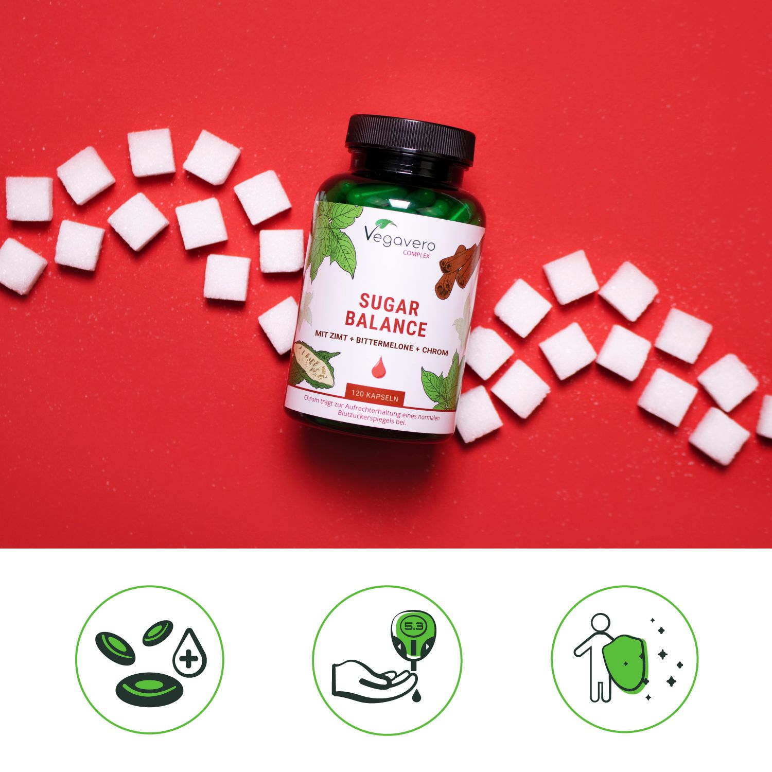 Flacone di capsule su sfondo rosso, circondato da zollette di zucchero. Scritta: Sugar Balance. Vegavaro. 120 capsule.