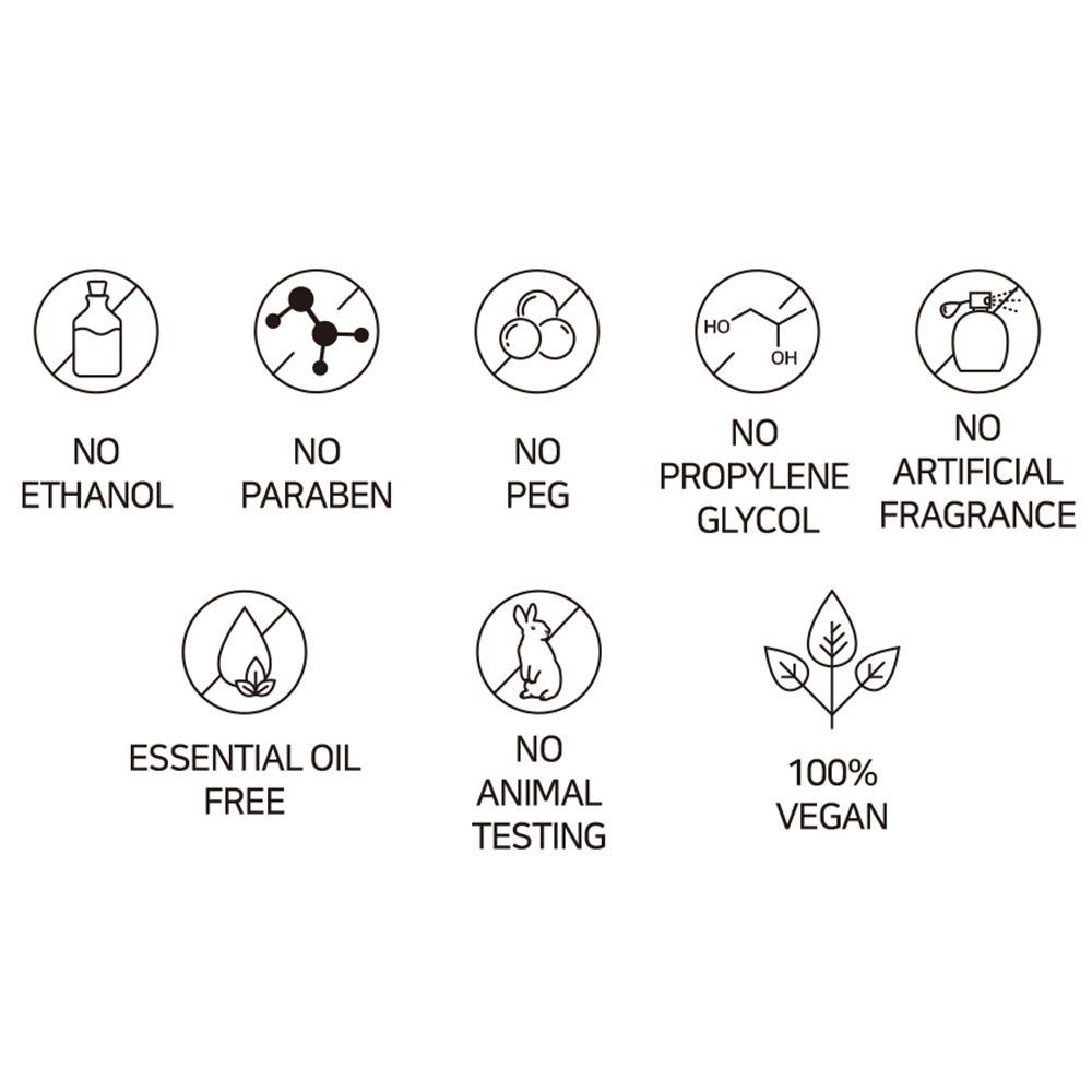 Icone: Senza ingredienti: etanolo, parabeni, PEG, glicole propilenico, profumo artificiale, olio essenziale. Vegano, senza test sugli animali.