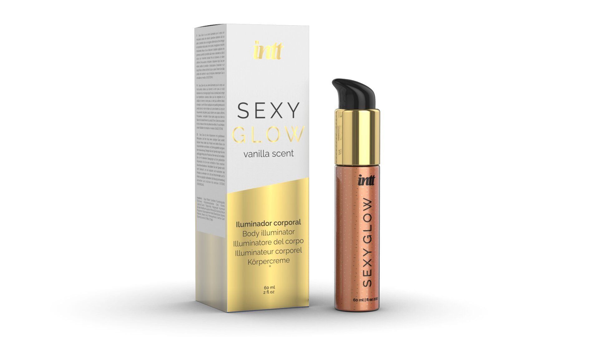 Illuminante corpo e confezione. Flacone e scatola con scritta "SEXY GLOW vanilla scent". Accenti dorati.