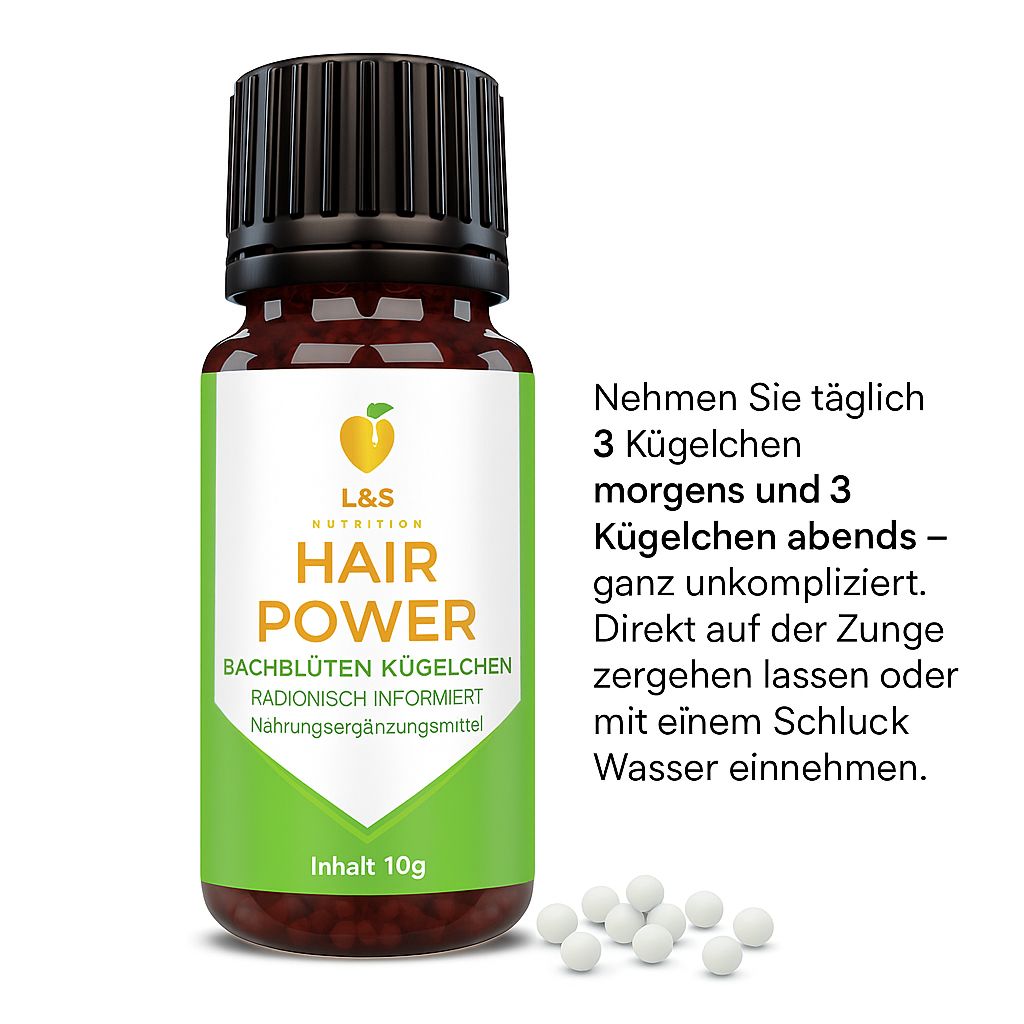 Flacone di vetro marrone con tappo nero ed etichetta verde. Scritta: HAIR POWER, Bachblüten Kügelchen, contenuto 10g. Palline accanto.