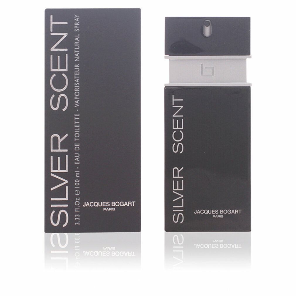 Flacone e confezione neri. Scritta: SILVER SCENT, Jacques Bogart. Flacone con vaporizzatore.