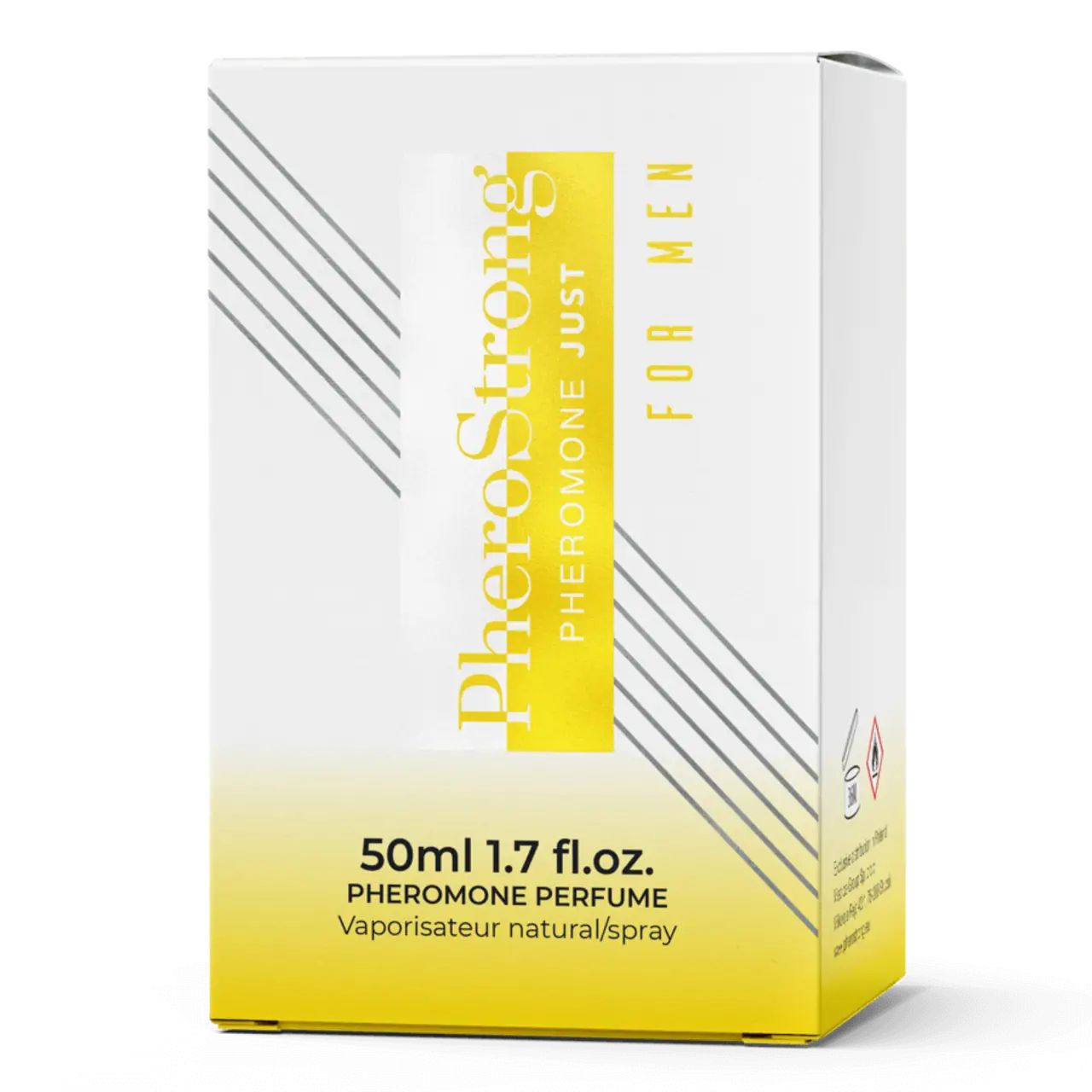 Confezione di profumo. Bianca con testo giallo e linee diagonali. Contiene testo e loghi.