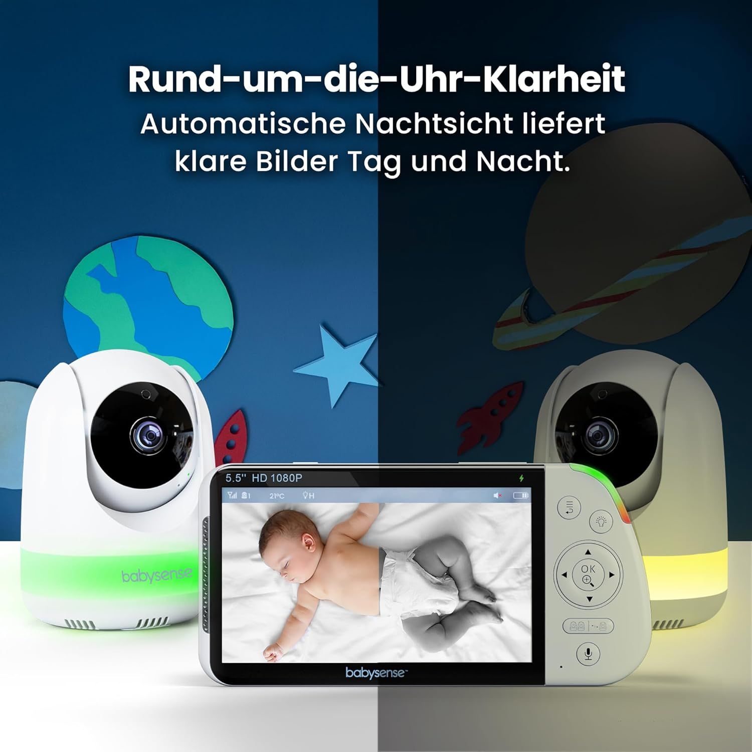 Baby monitor Full HD con schermo diviso e 2 telecamere Babysense