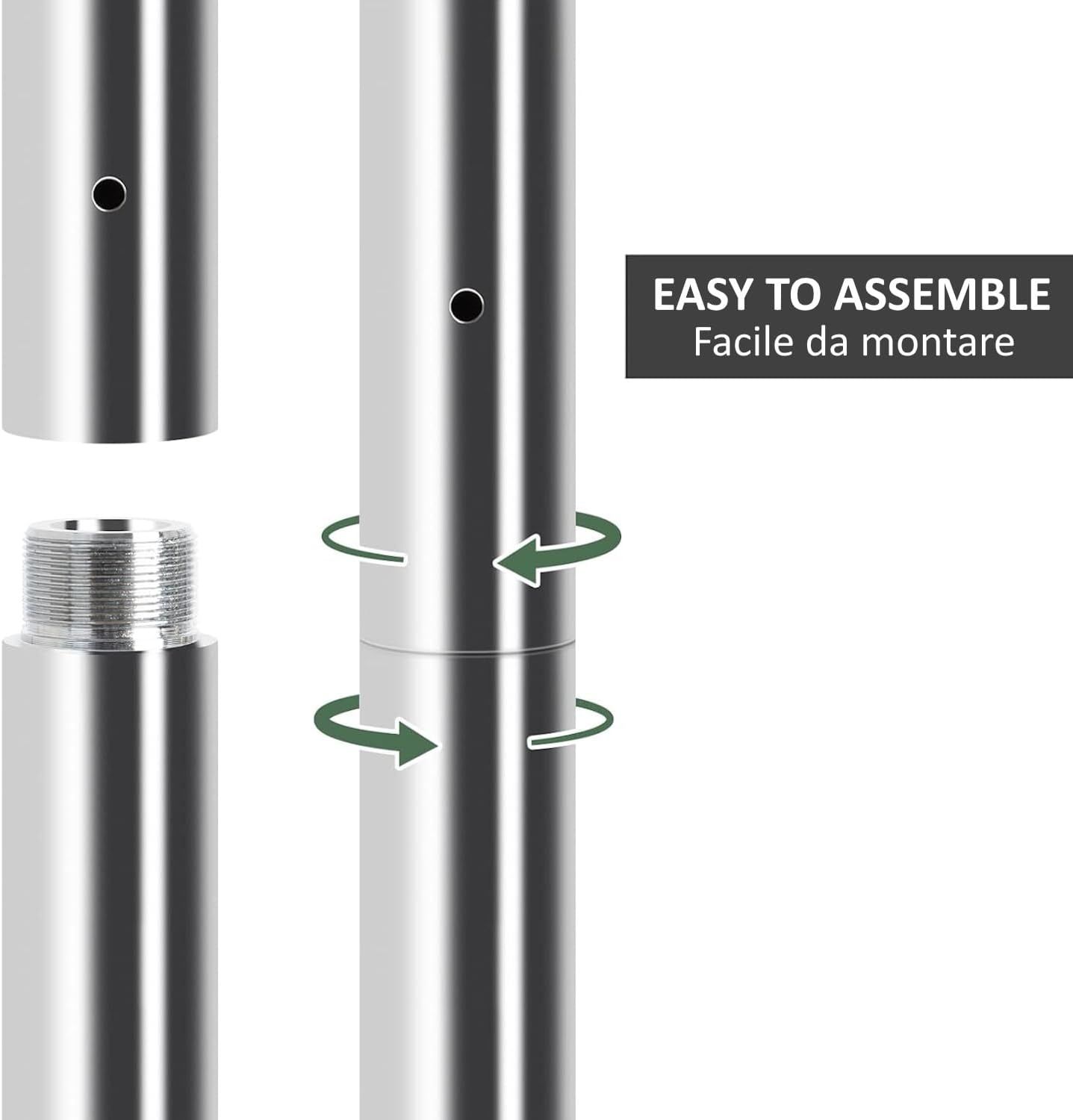 Due aste metalliche filettate, mostrate separate. Frecce indicano l'assemblaggio. Testo: "EASY TO ASSEMBLE Facile da montare".