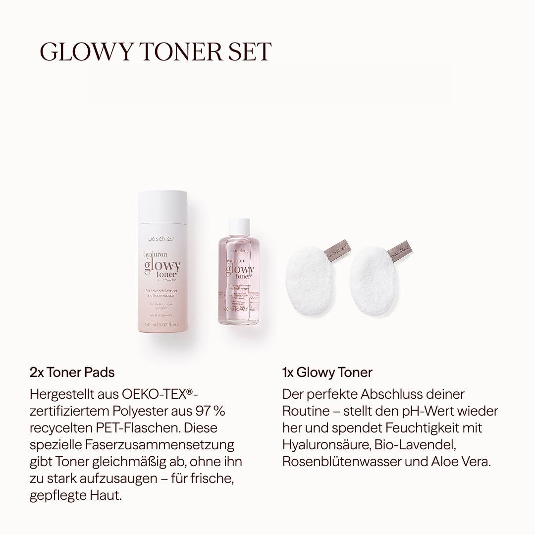 Set di prodotti con due tamponi toner, una bottiglia di toner e un'altra bottiglia. Il testo descrive i prodotti.