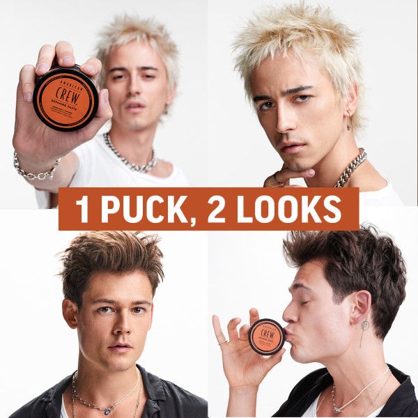 Quattro uomini con Defining Paste. Testo: 1 barattolo, 2 look. Defining Paste.
