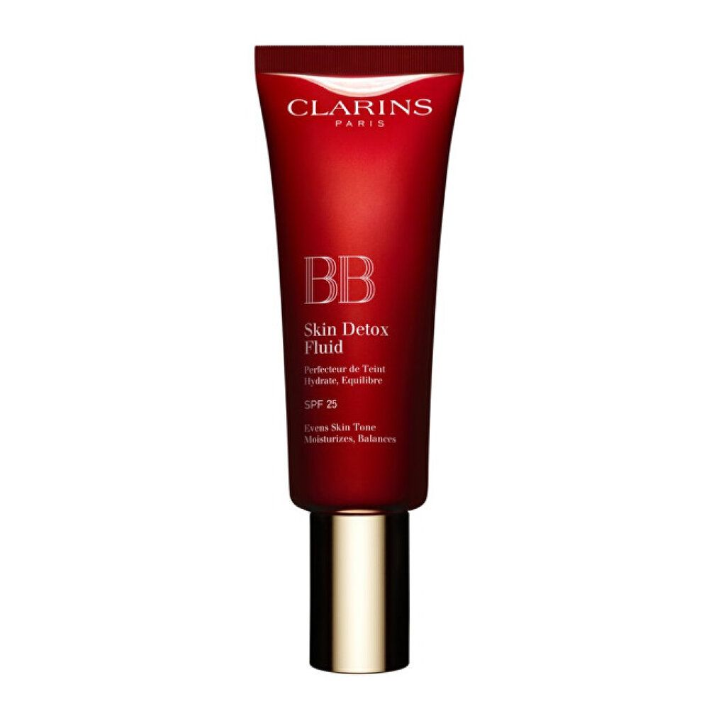 Tubo rosso BB Skin Detox Fluid SPF25. Marchio Clarins Paris. Chiusura dorata.