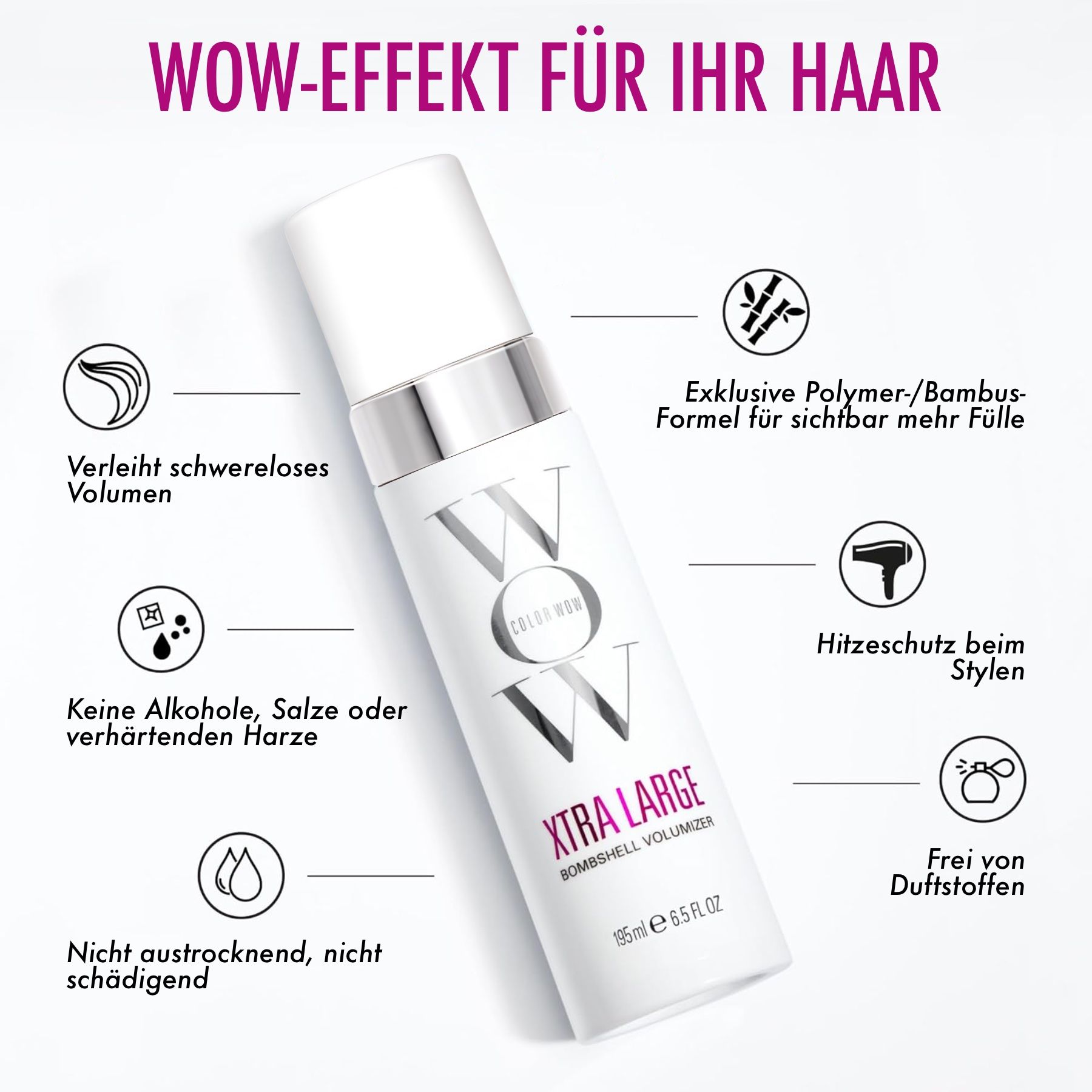 Fissatore per capelli bianco con infografica. Scritta: Xtra Large Bombshell Volumizer. 195ml. Simboli: volume, protezione termica, ecc.