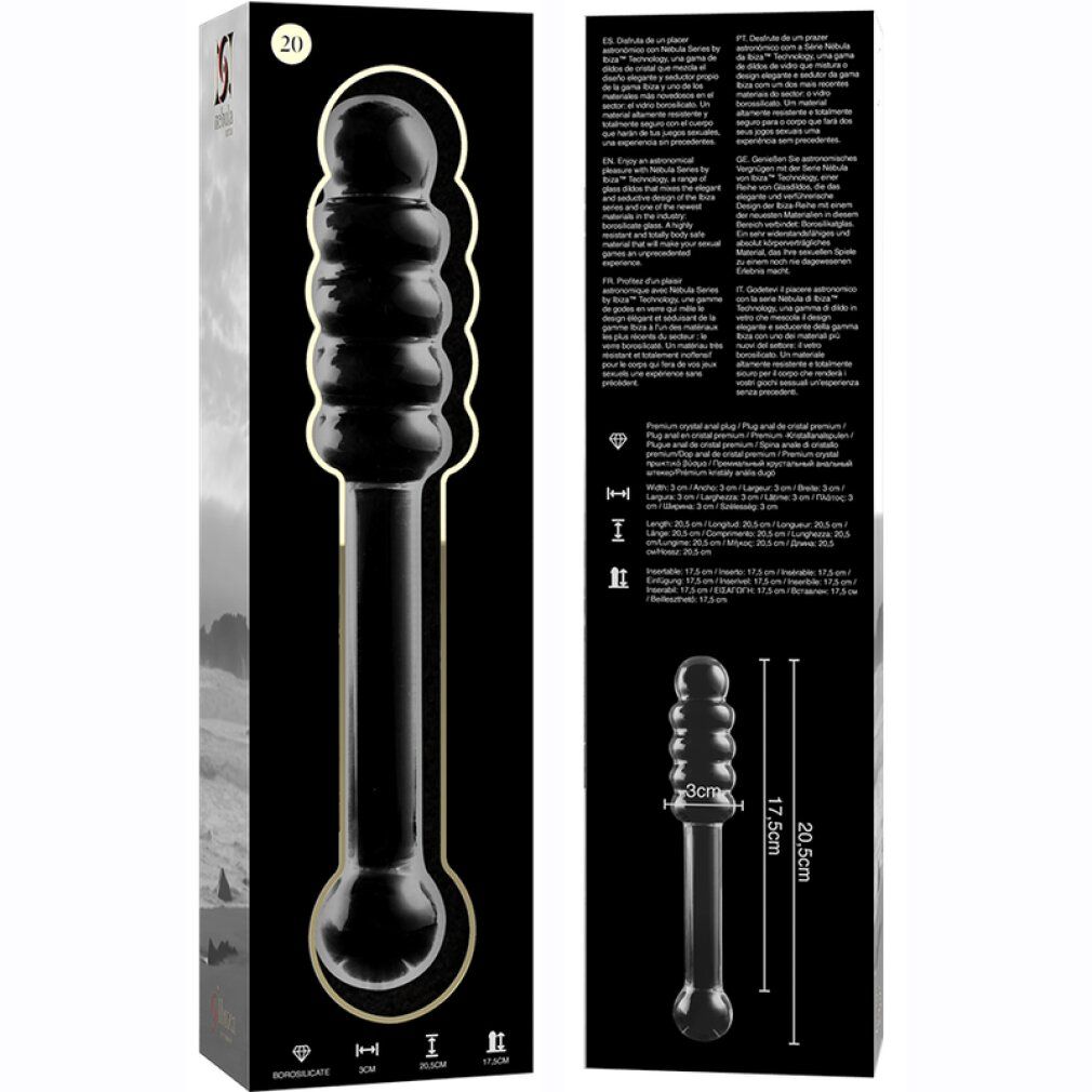 Confezione per dildo in vetro borosilicato, modello 20, con immagine del prodotto e dimensioni.