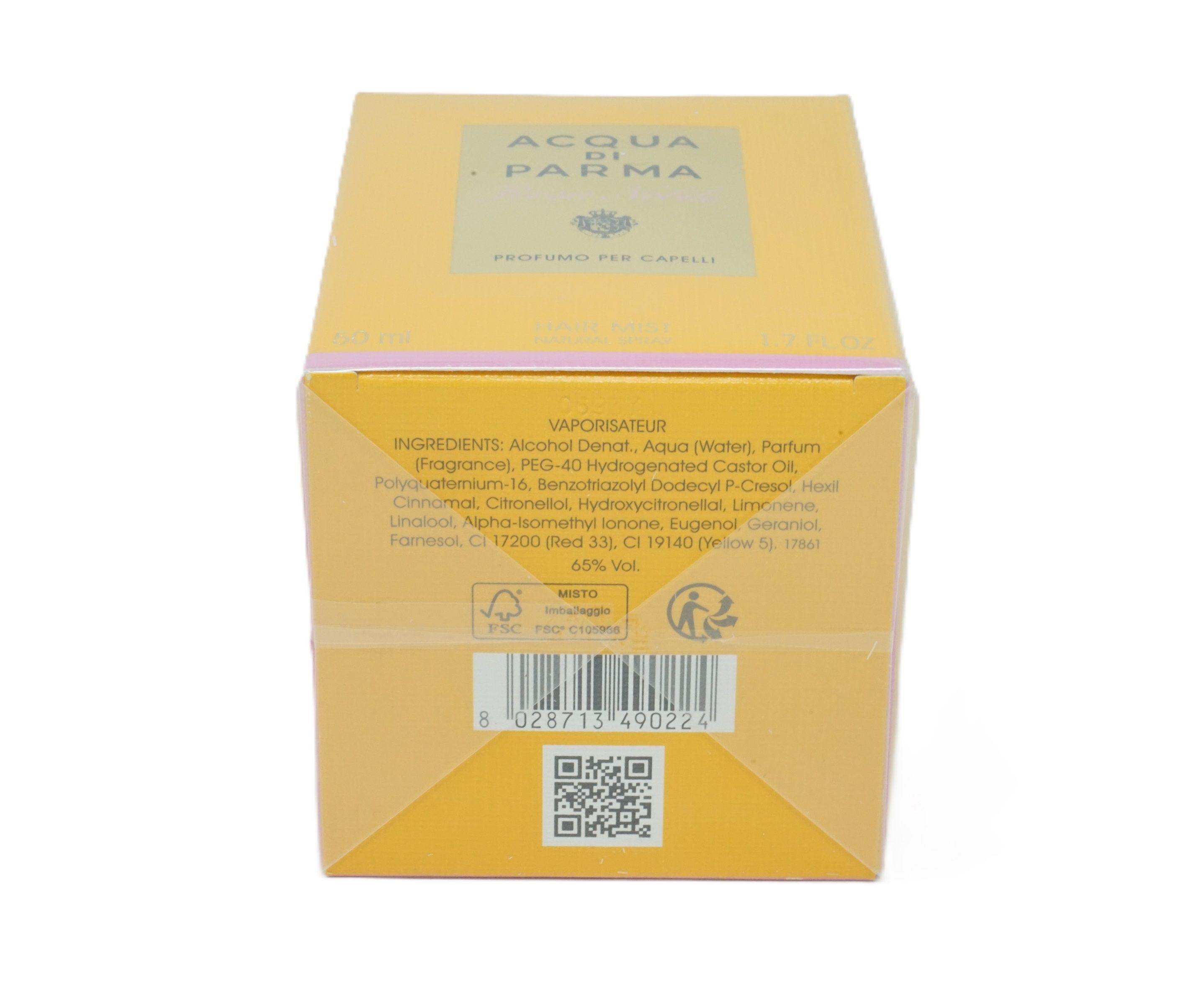 Retro della scatola gialla. Contiene ingredienti, codice a barre e codice QR. Marchio: Acqua di Parma.