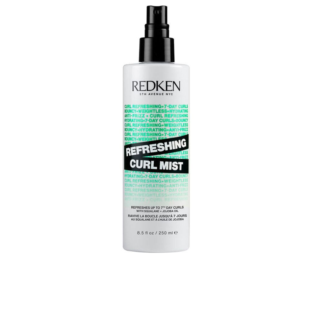 Redken Refreshing Curl Mist. Flacone bianco con erogatore nero. Nome del prodotto e testo in nero e verde. Marchio Redken.
