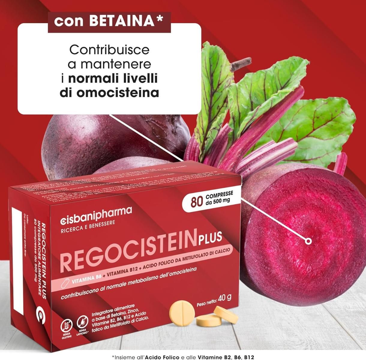 Confezione di Regocistein PLUS con barbabietole. Testo: Contribuisce a mantenere i normali livelli di omocisteina.