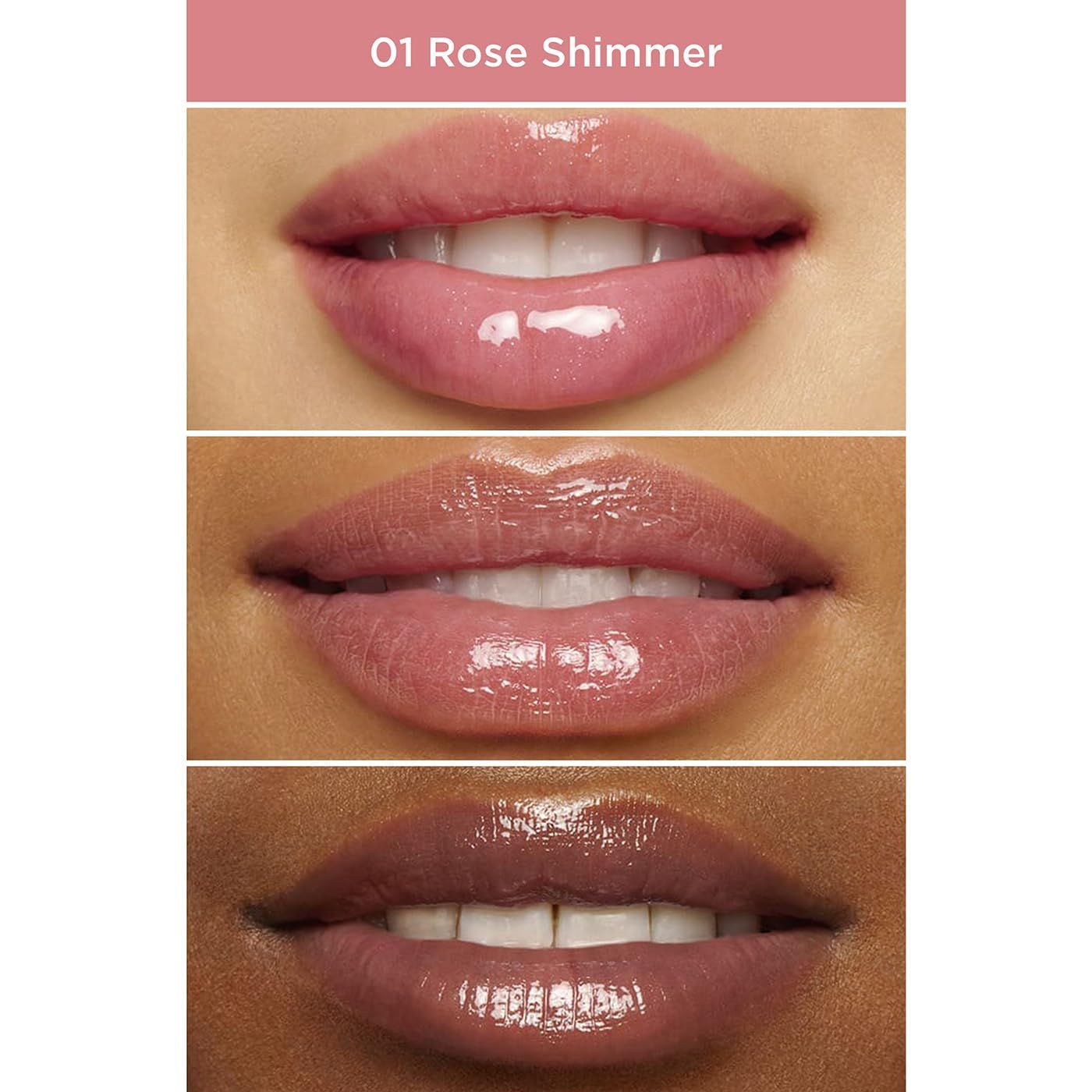Tre primi piani di labbra. Diversi toni della pelle. Nome del prodotto '01 Rose Shimmer' in alto.