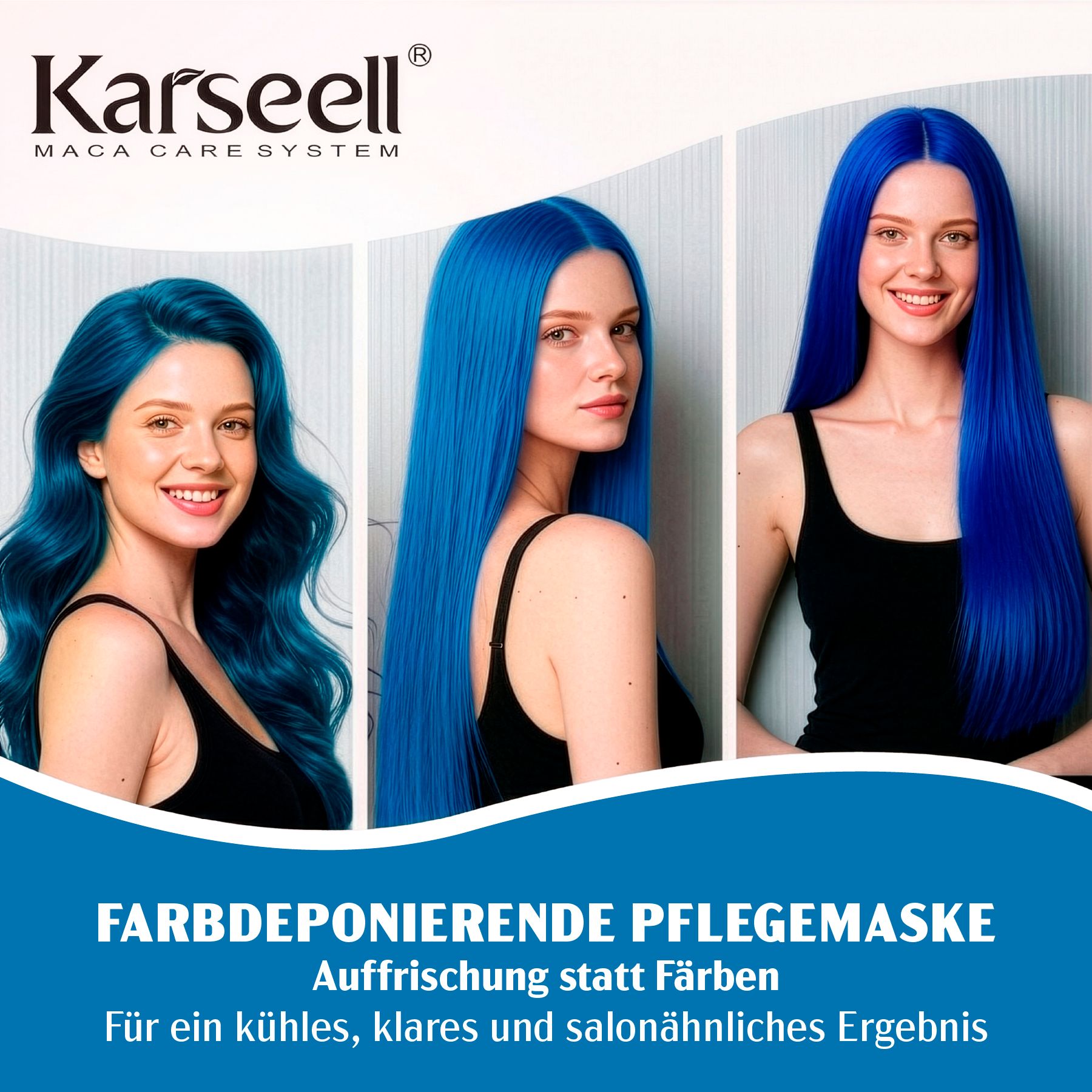 Tre donne con capelli blu. Testo: Maschera di trattamento depositante il colore. Per un risultato fresco, chiaro e da salone.