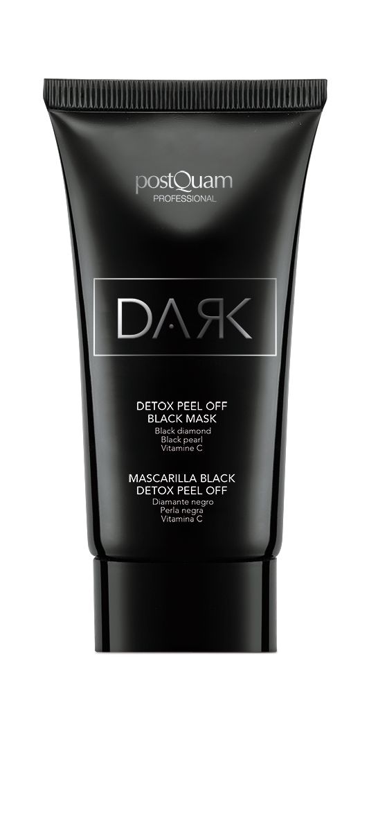 Tubo nero con "DARK Detox Peel Off Black Mask". Marchio Postquam Professional. Sfondo bianco.