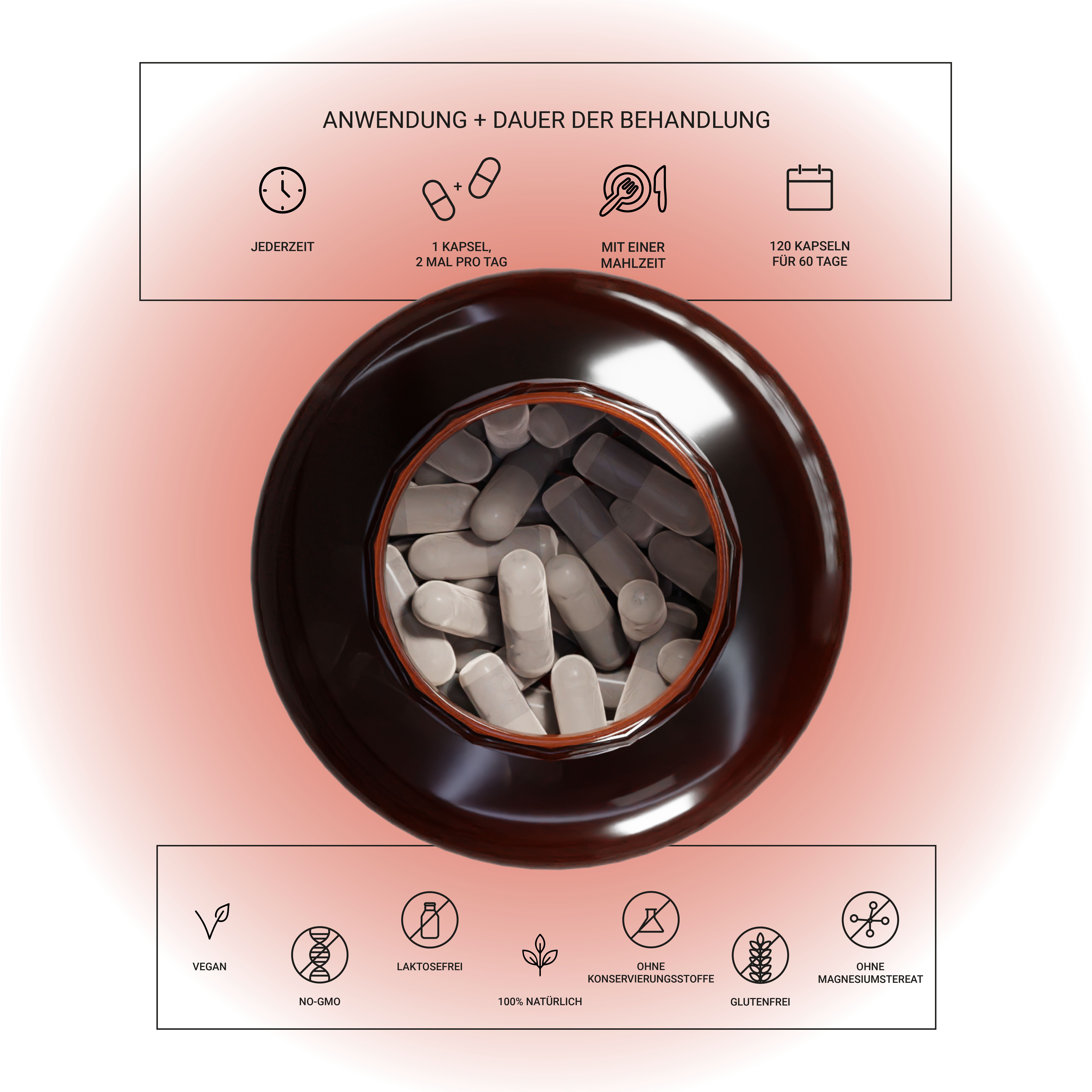 Flacone marrone con capsule. Testo: Modalità d'uso e durata del trattamento. 1 capsula, 2 volte al giorno, con un pasto, 120 capsule per 60 giorni. Vegano, senza glutine.
